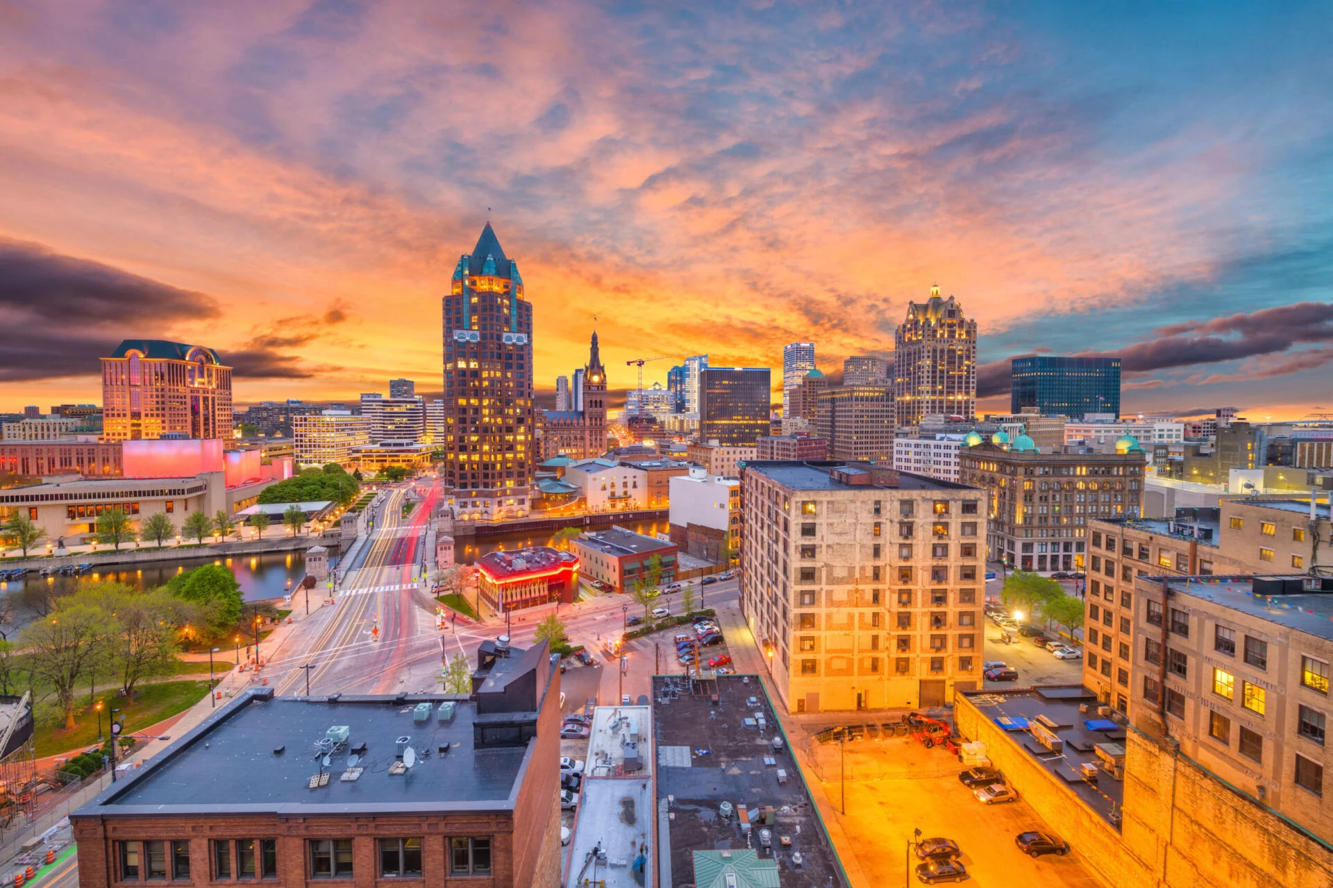 Milwaukee, Wisconsin downtown skyline at dusk.