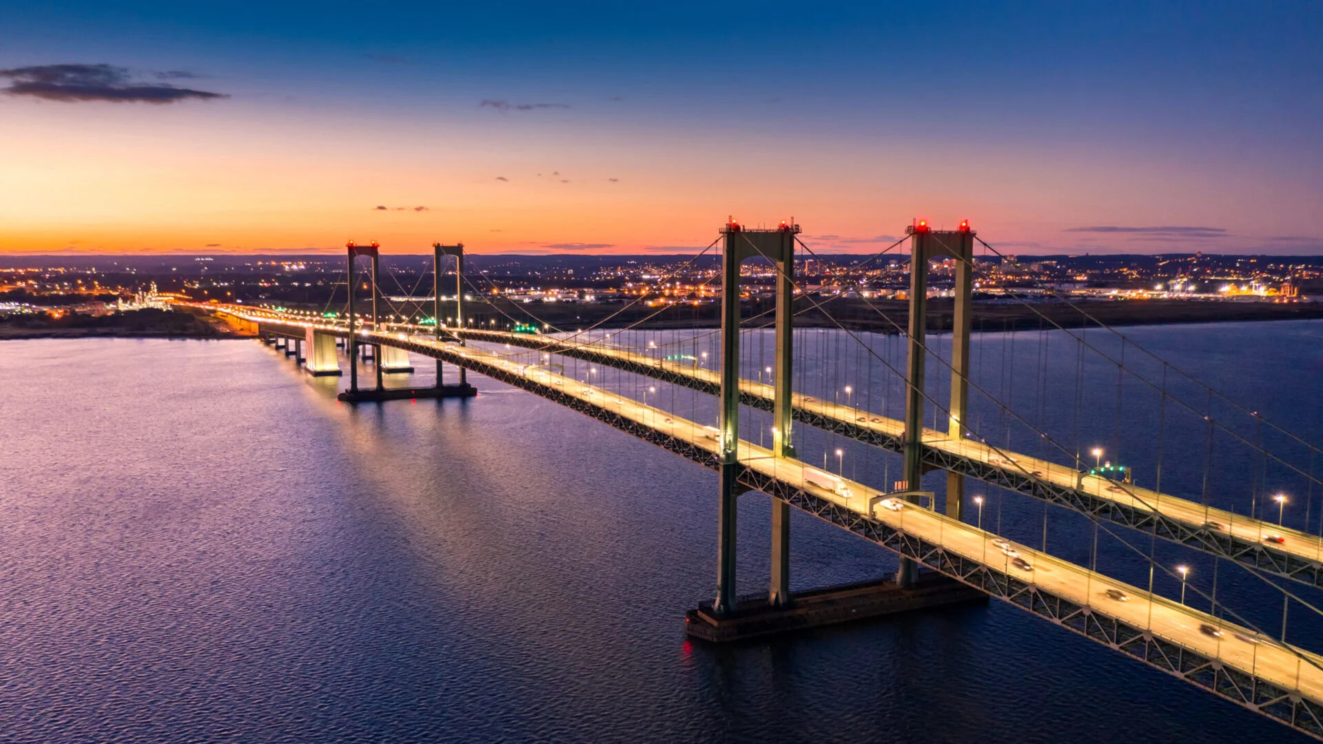 Aerial view of Delaware Memorial Bridge at dusk.