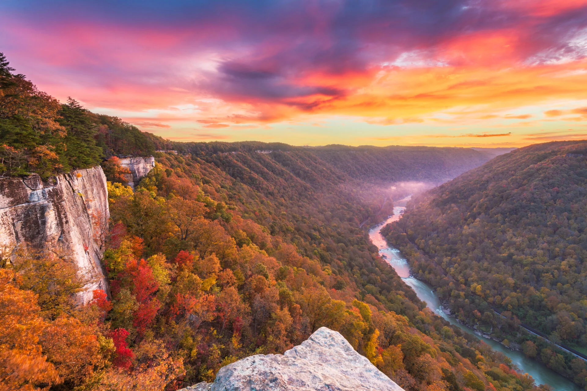 New River Gorge, West Virgnia, USA autumn morning lanscape at the Endless Wall.