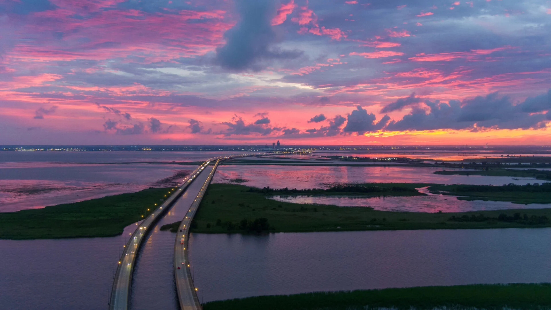 Aerial view of Mobile Bay at sunset in July of 2021 in Alabama