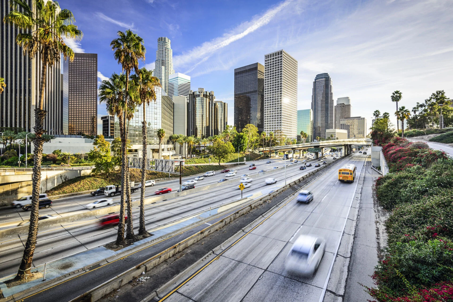 Cars driving on highway in Los Angeles, CA.