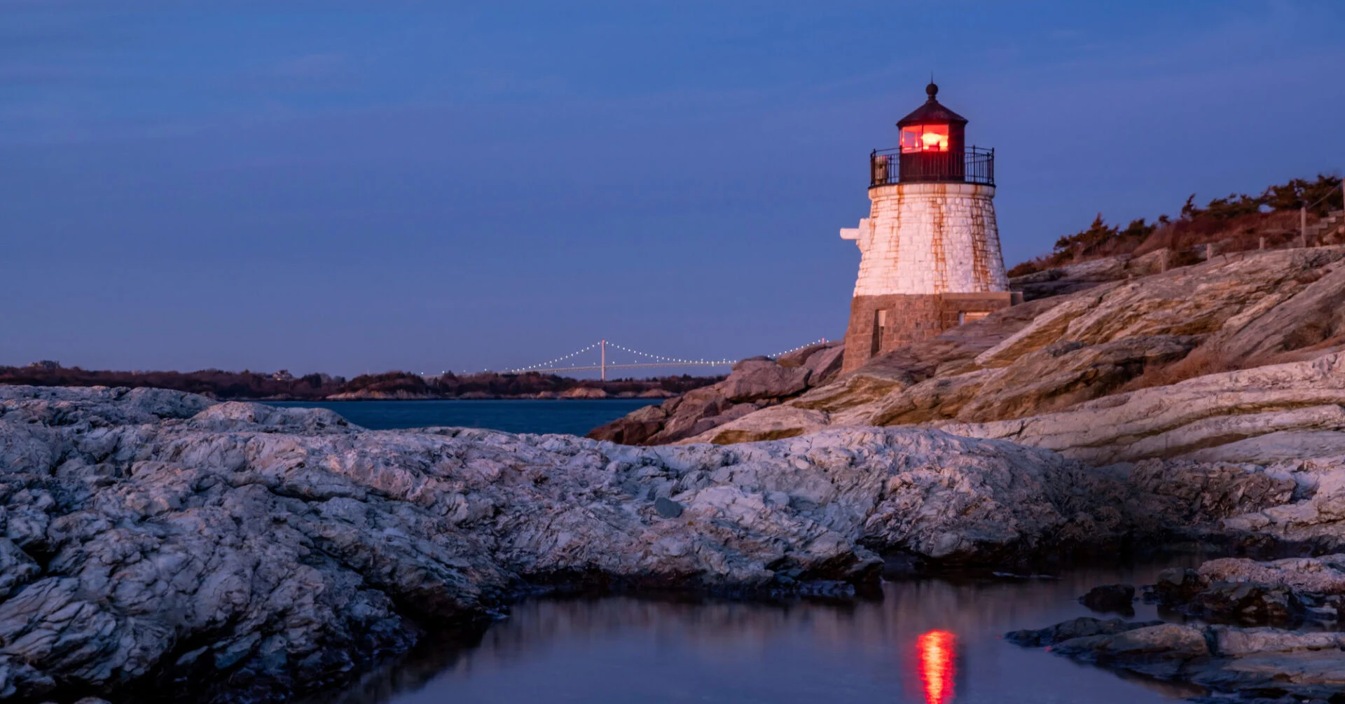 Old lighthouse at sunset . Castle Hill Lighthouse. Newport, Rhode Island, United States