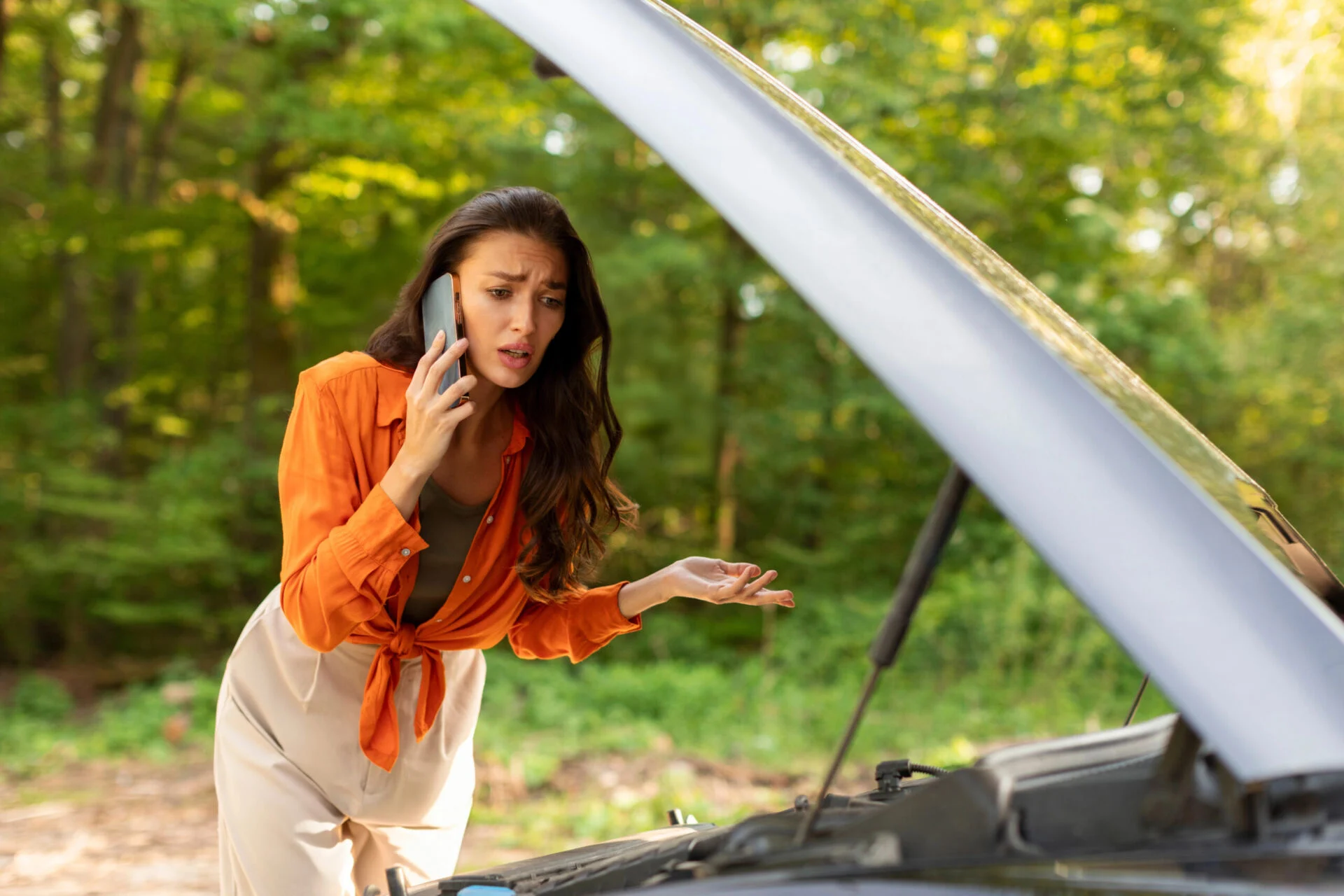 Woman on phone beside broken down car