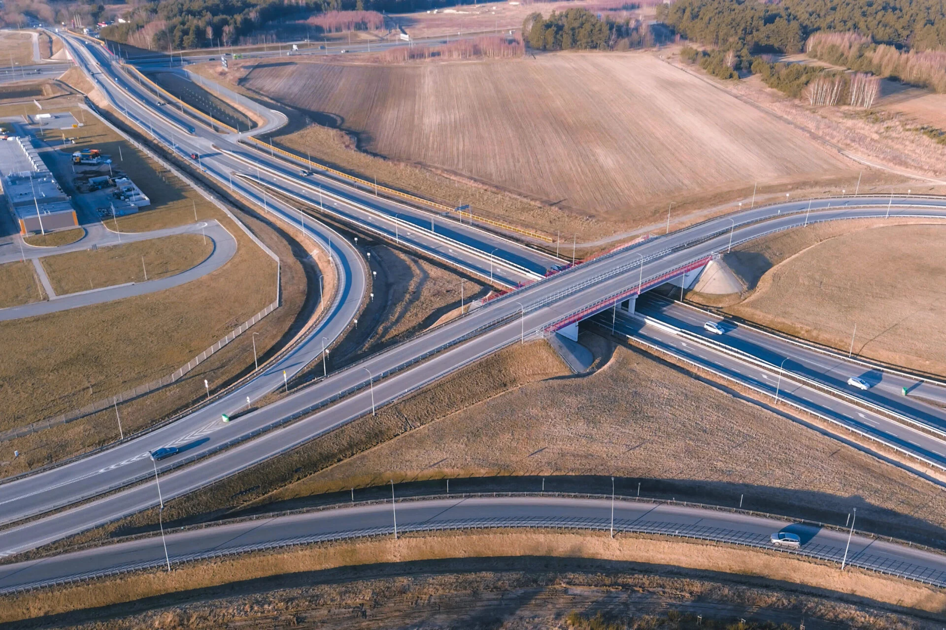 Birds-eye view of highway overpass.